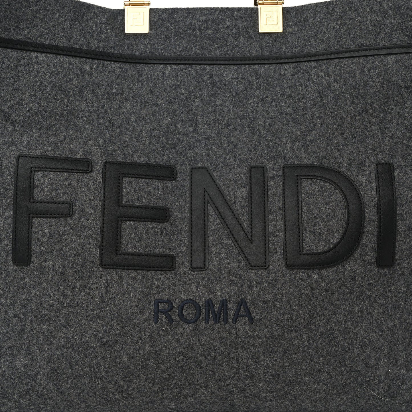 Melange Flannel Plexiglass Satin Logo Embroidered Threaded Edge Large Fendi Sunshine Shopper Tote Grigio Black