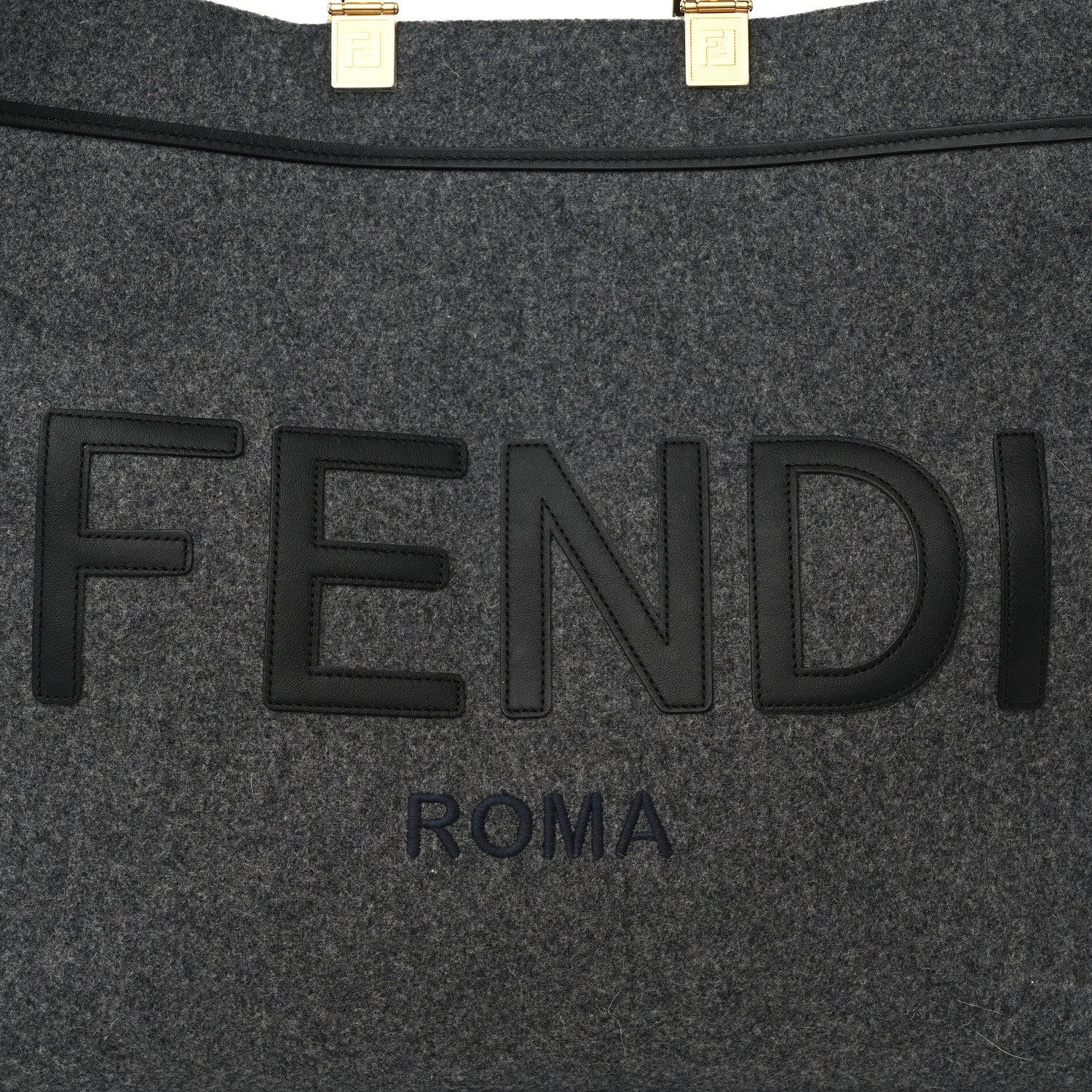 Fendi Melange Flannel Plexiglass Satin Logo Embroidered Threaded Edge Large Fendi Sunshine Shopper Tote Grigio Black 8 of 10