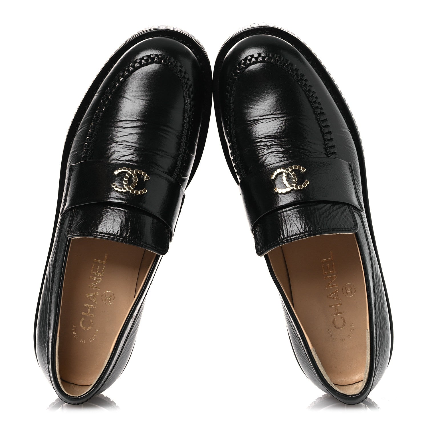 Chanel Shiny Crumpled Calfskin CC Mocassin Loafers 38.5 Black 2 of 12