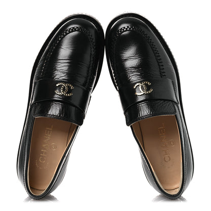 Chanel Shiny Crumpled Calfskin CC Mocassin Loafers 38.5 Black 2 of 12