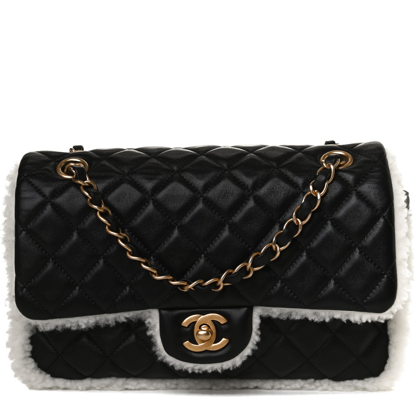 Lambskin Shearling Large CC Flap Bag Black White