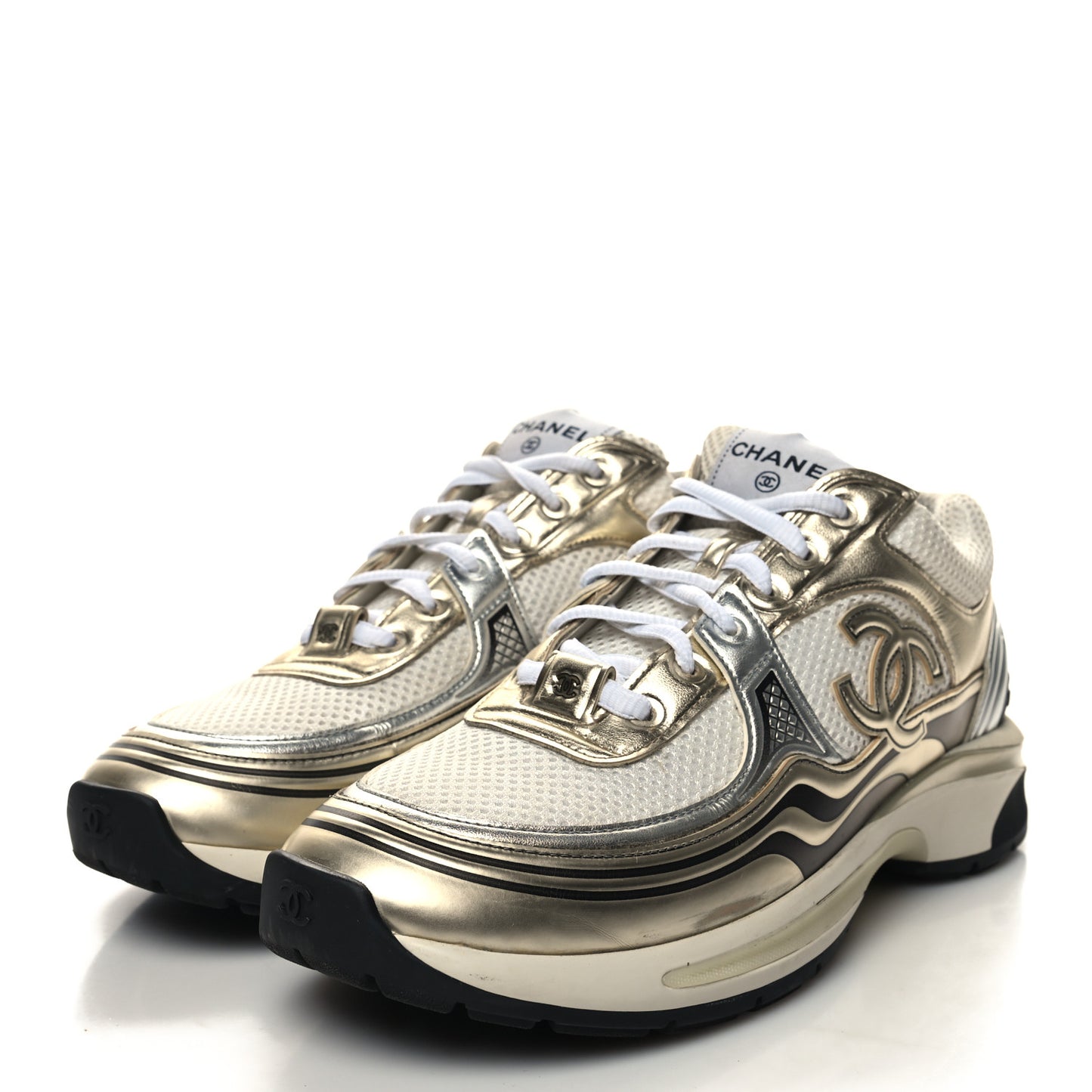 Fabric Laminated Calfskin Stretch CC Sneakers 41 White Gold Silver