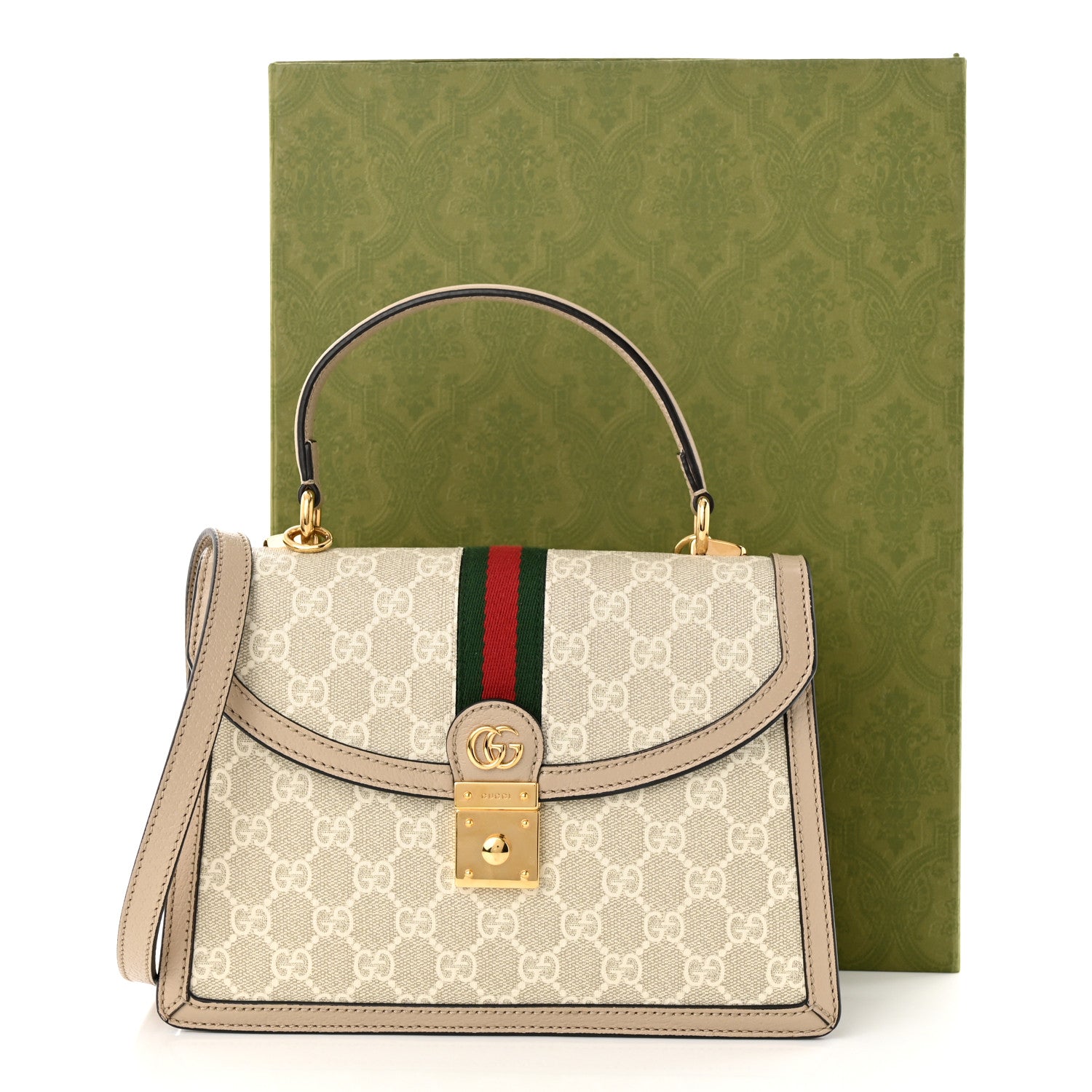 Gucci GG Supreme Monogram Textured Dollar Calfskin Web Small Ophidia Padlock Top Handle Bag Beige Mystic White Oatmeal 12 of 12
