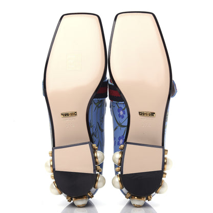 Gucci Apollo Calfskin Web Pearl New Flora Peyton 35mm Loafer Pumps 37.5 Azure 6 of 11