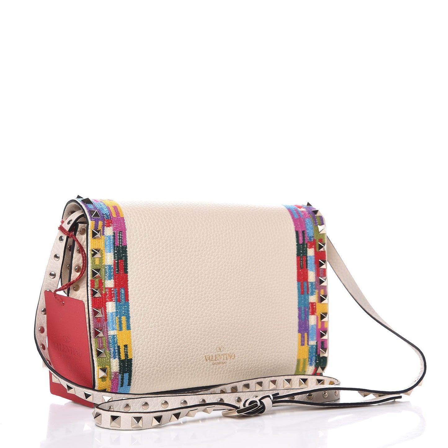 Pebbled Calfskin Embroidered Medium Rockstud Flip Lock Crossbody Bag Ivory