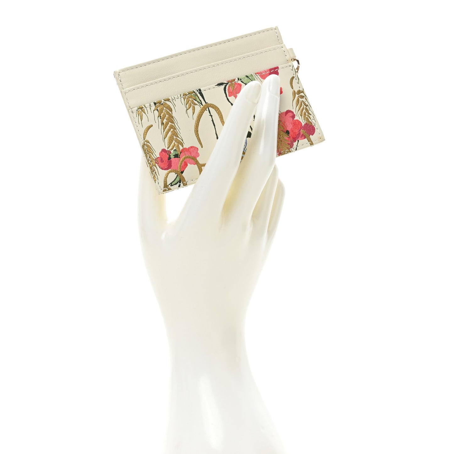 Calfskin Hibiscus Printed Card Holder Beige Multicolor