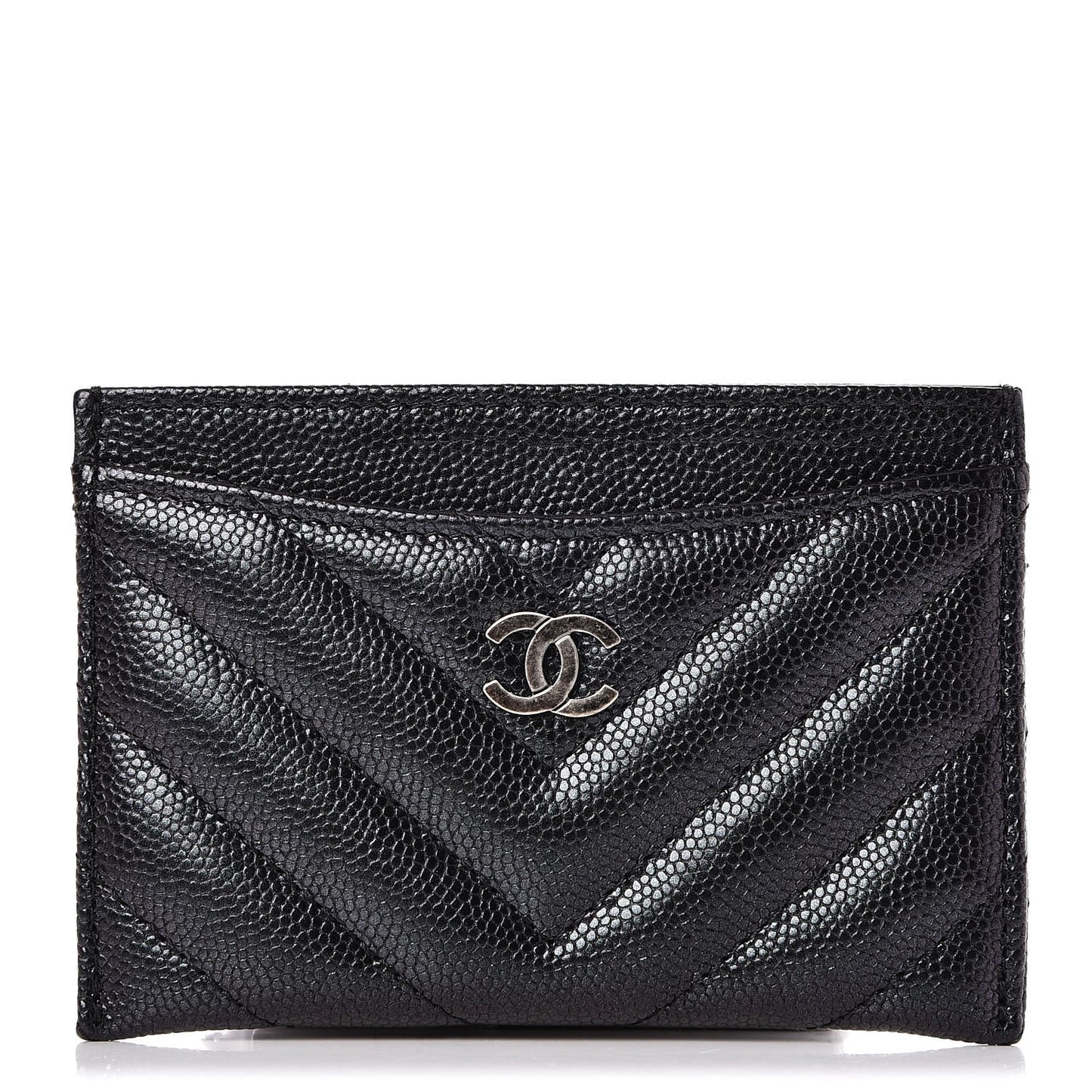 Iridescent Caviar Chevron Quilted Card Holder Black