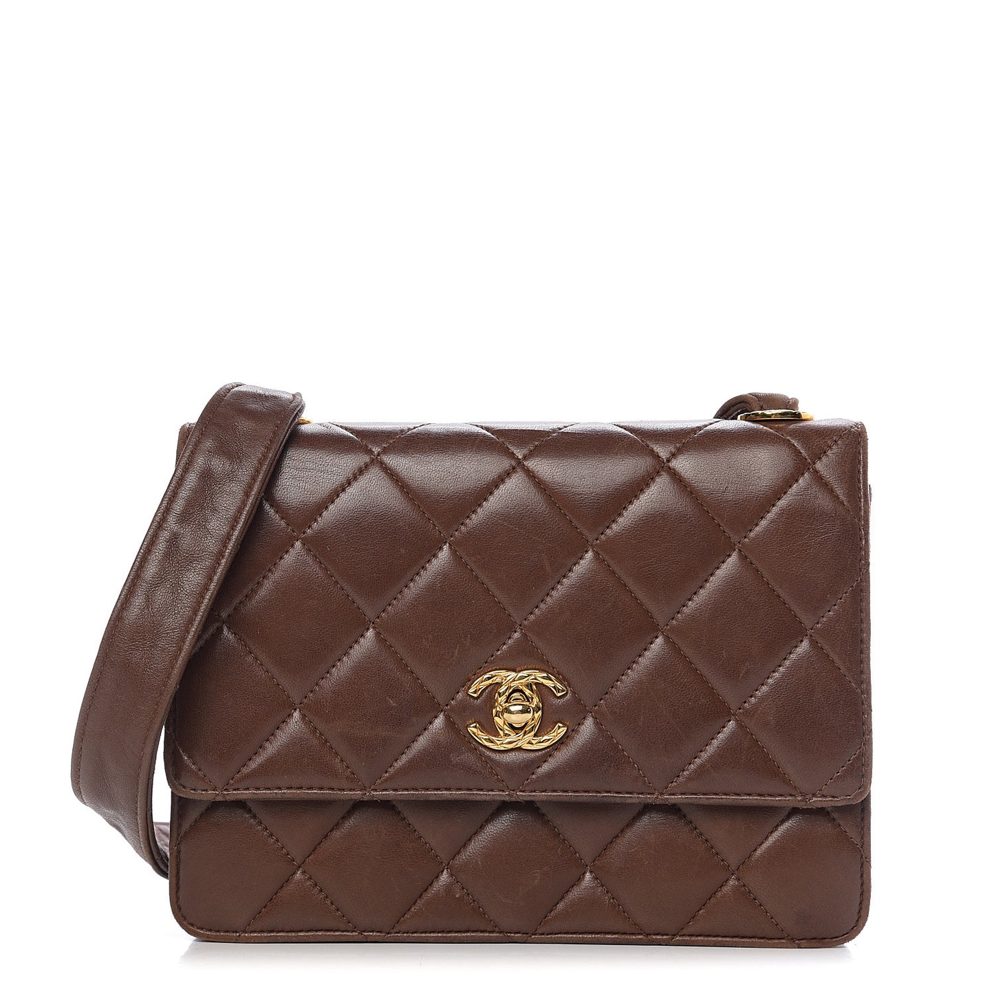 Lambskin Quilted Flap Shoulder Bag Brown