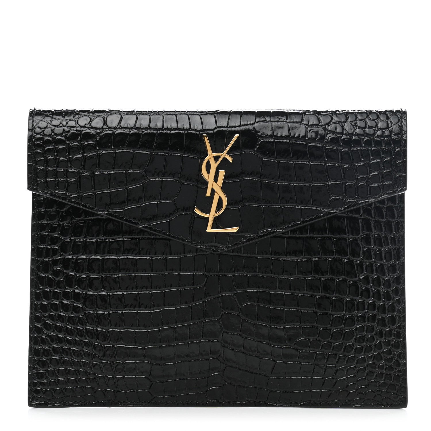 Saint Laurent Calfskin Crocodile Embossed Monogram Uptown Baby Pouch Black 1 of 6