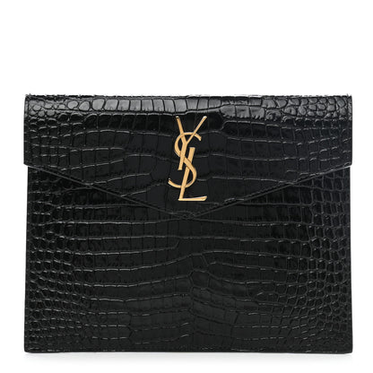 Saint Laurent Calfskin Crocodile Embossed Monogram Uptown Baby Pouch Black 1 of 6