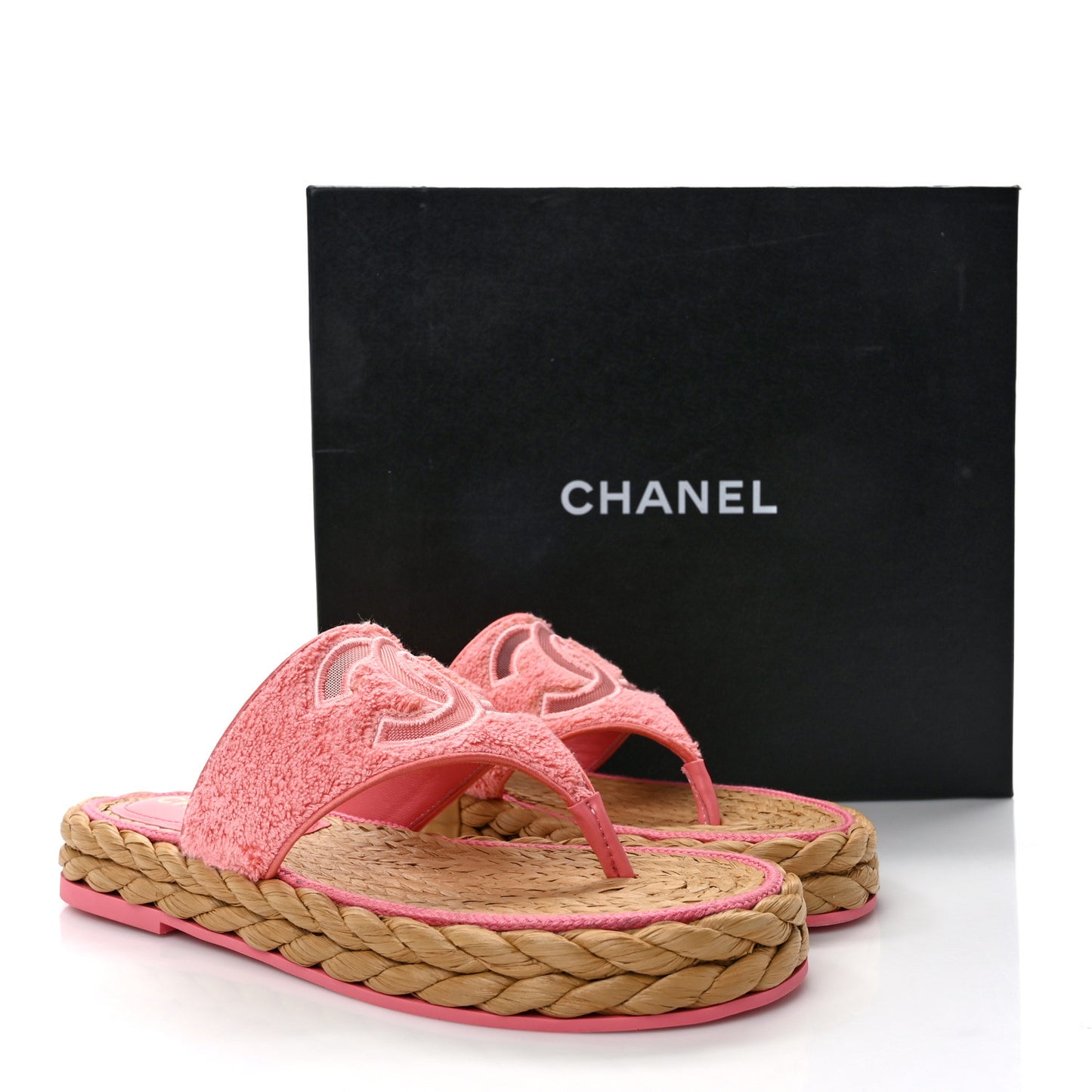 Terry Cloth Raffia CC Logo Thong Sandals 38 Pink
