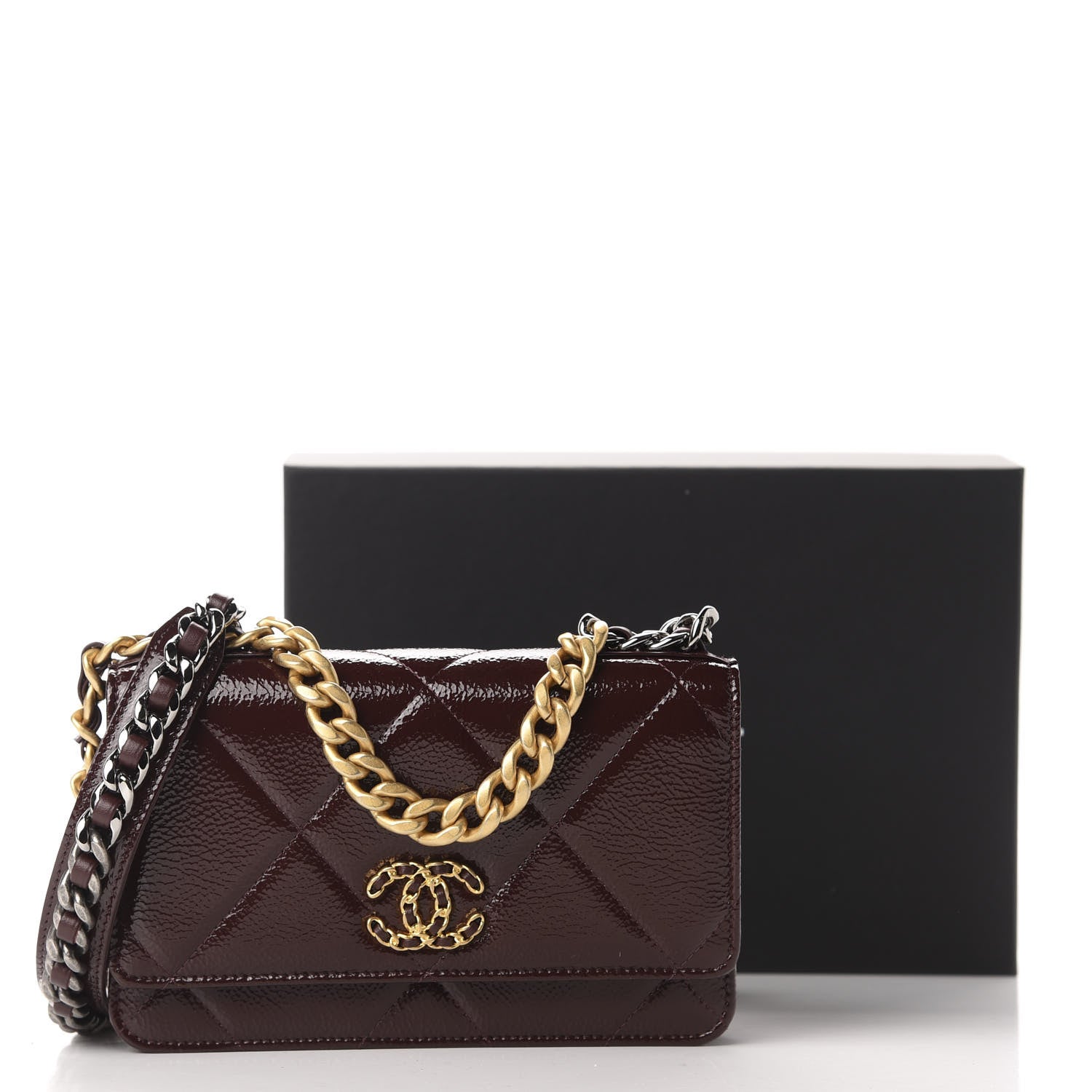 Chanel Shiny Crumpled Calfskin Quilted 19 Wallet On Chain WOC Burgundy 12 of 12
