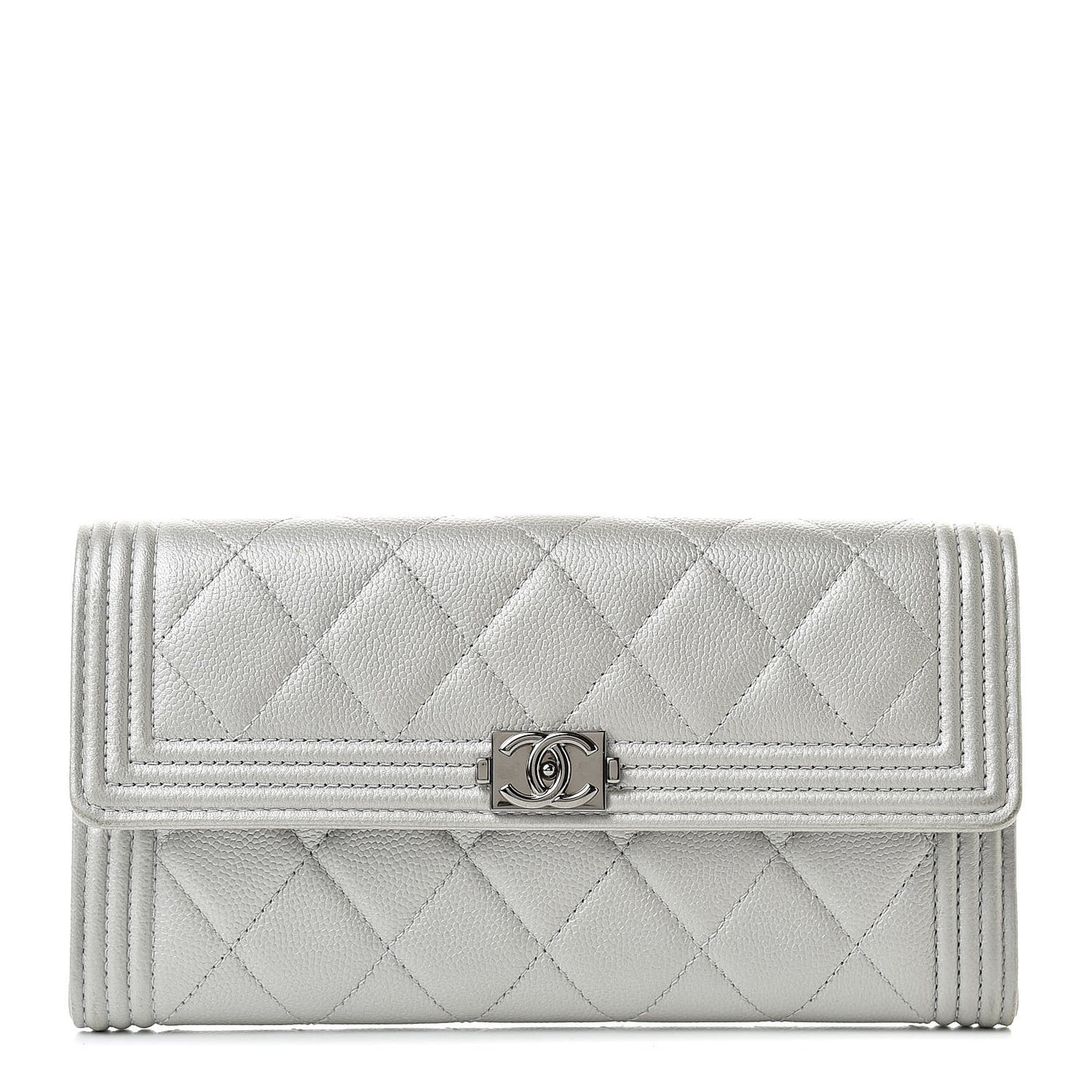 Metallic Caviar Quilted Large Boy Gusset Flap Wallet Silver