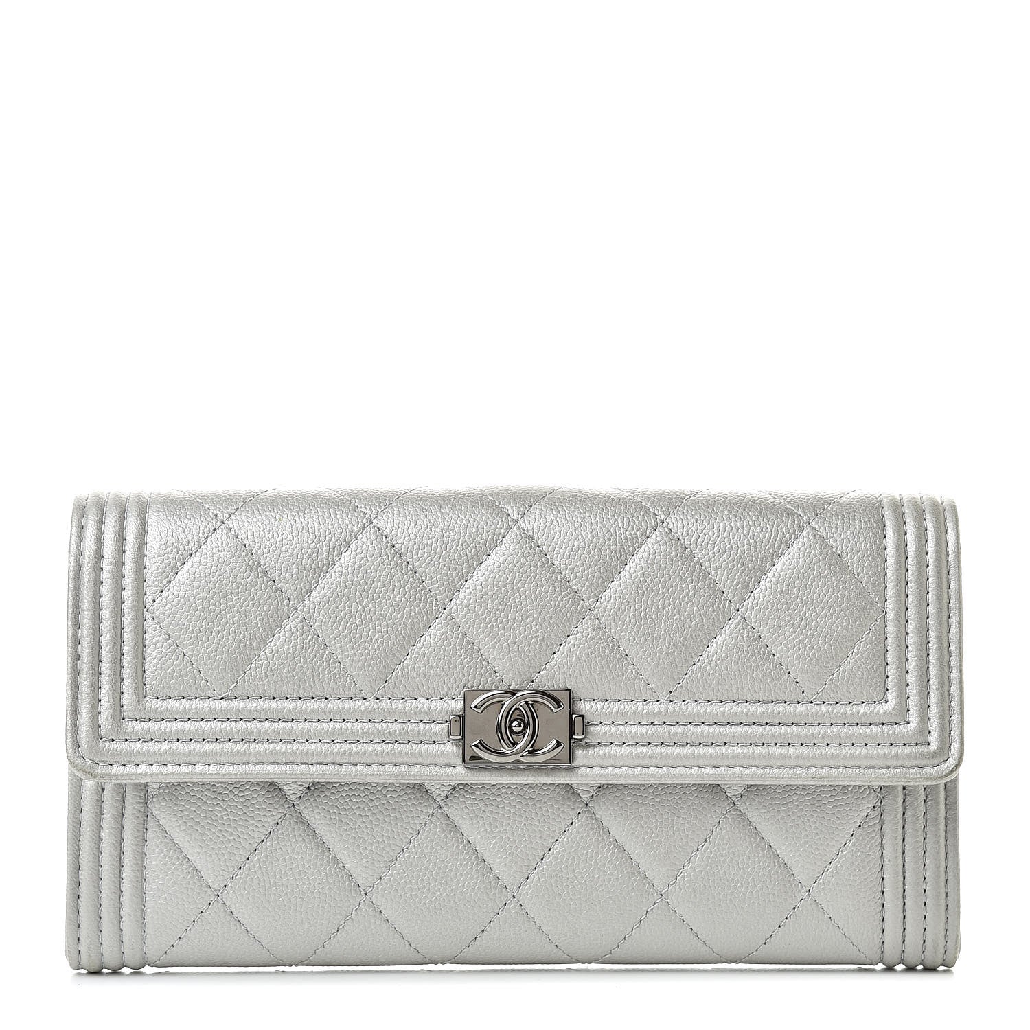 Chanel Metallic Caviar Quilted Large Boy Gusset Flap Wallet Silver 1 of 11