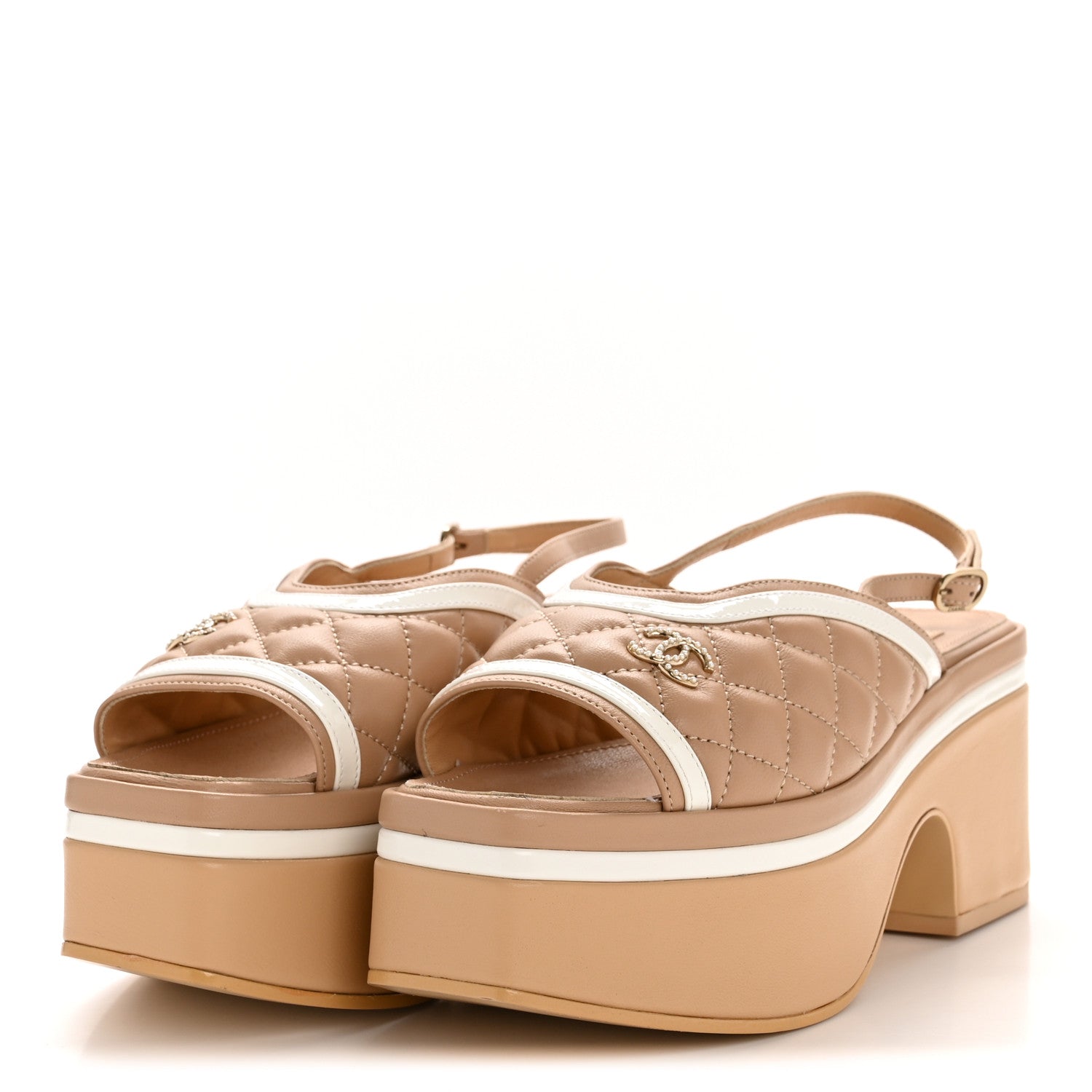 Chanel Lambskin Patent Quilted CC Platform Sandals 36 Beige White 4 of 10