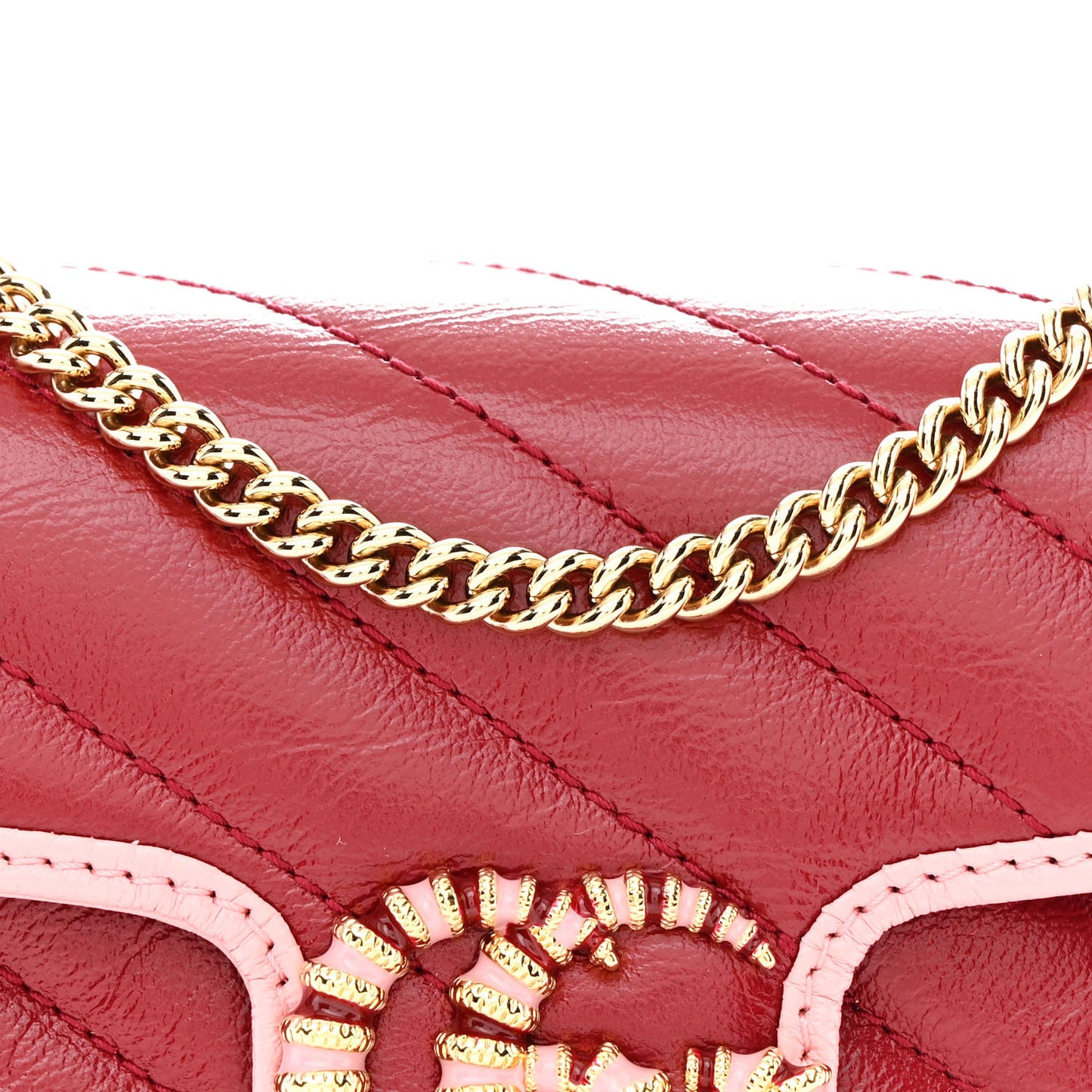 Azalea Calfskin Enamel Matelasse Diagonal Super Mini Torchon GG Marmont Shoulder Bag New Cherry Red Wild Rose