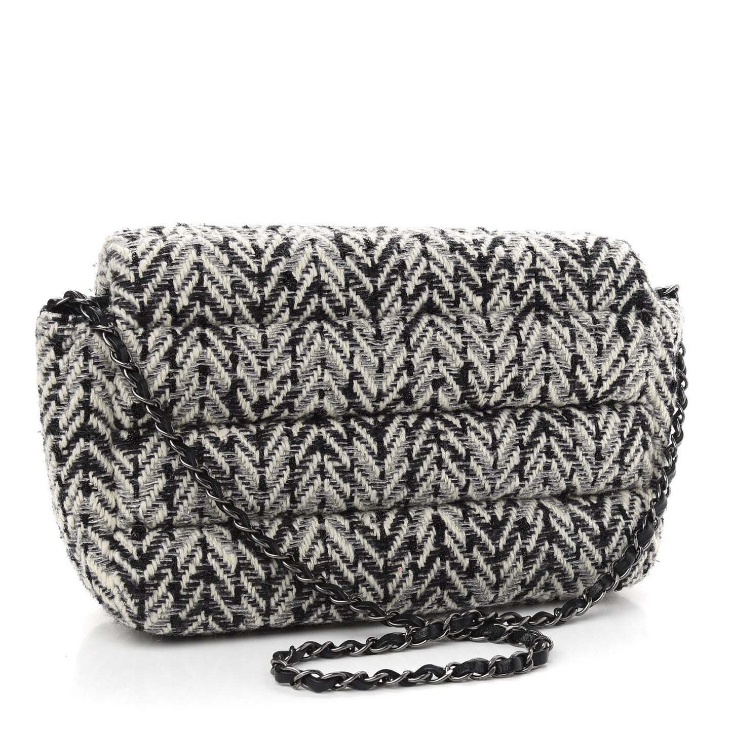 Tweed Puffy Horizontal Quilted Flap Black White