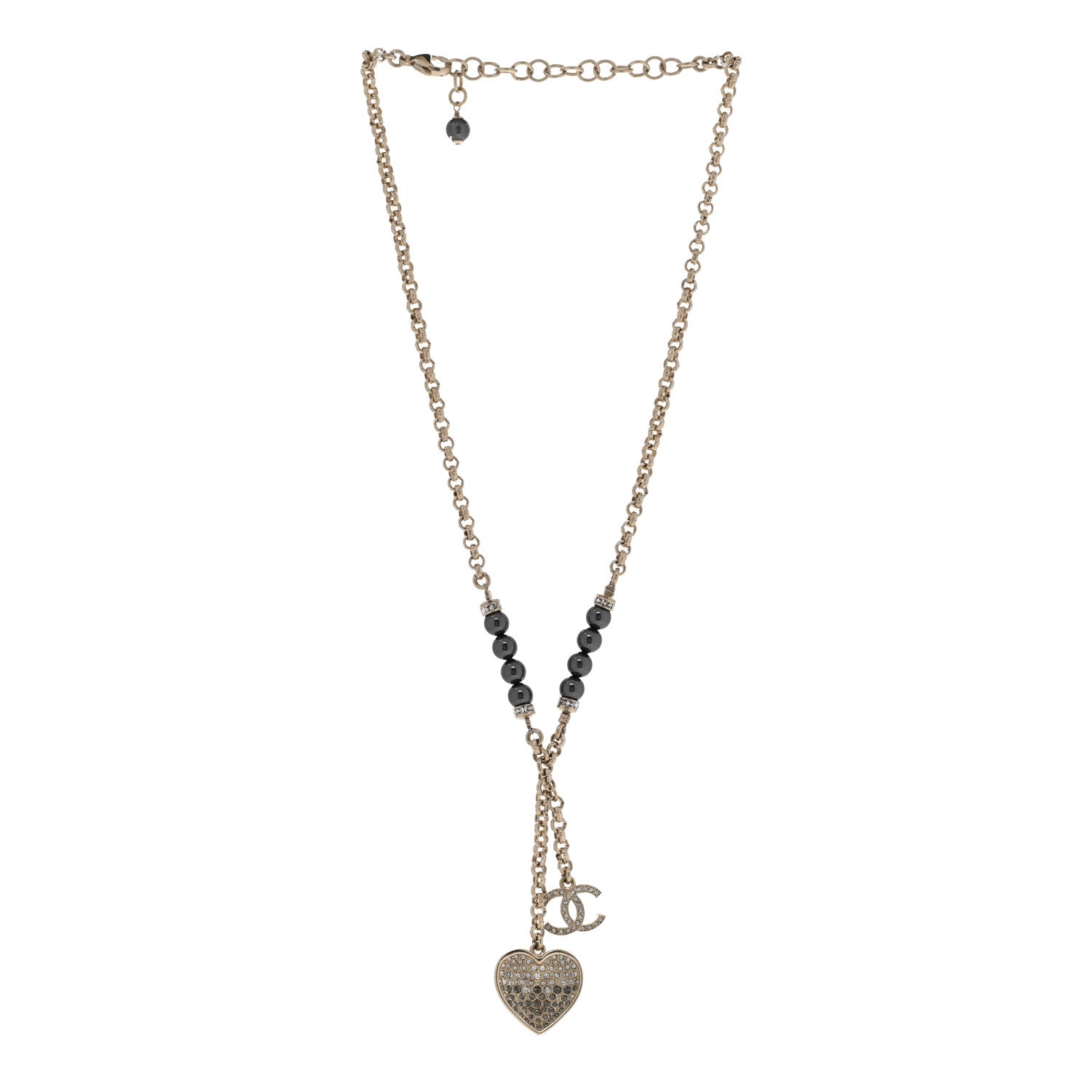 Chanel Resin Crystal Bead CC Heart Necklace Black Gold 5 of 10