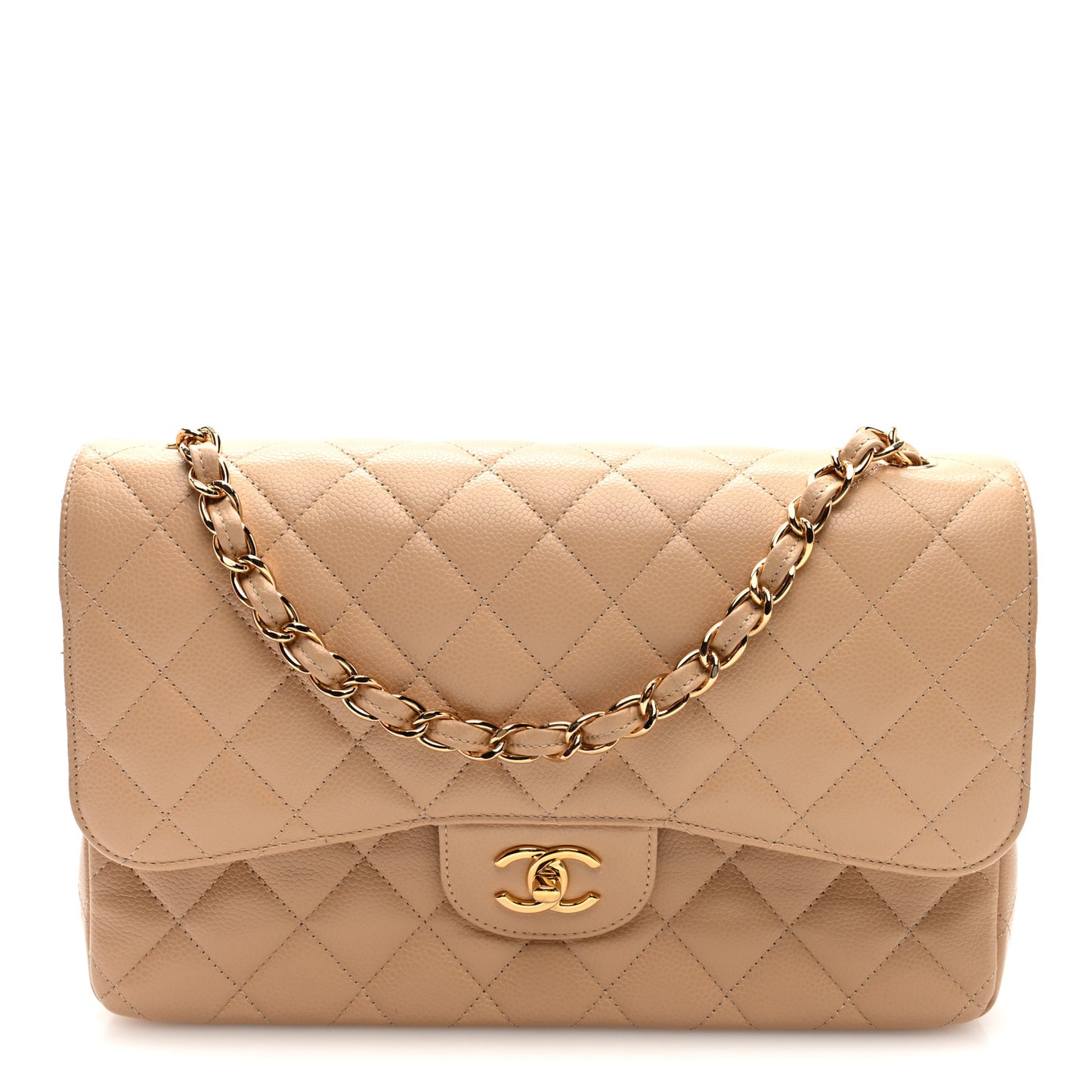 Caviar Quilted Jumbo Double Flap Light Beige