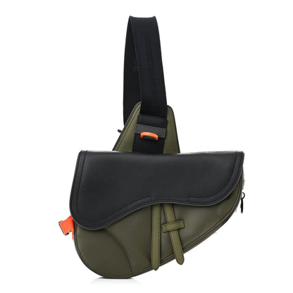 Christian Dior X SACAI Grained Calfskin Technical Fabric Mens Saddle Bag Olive Navy Blue 1 of 10