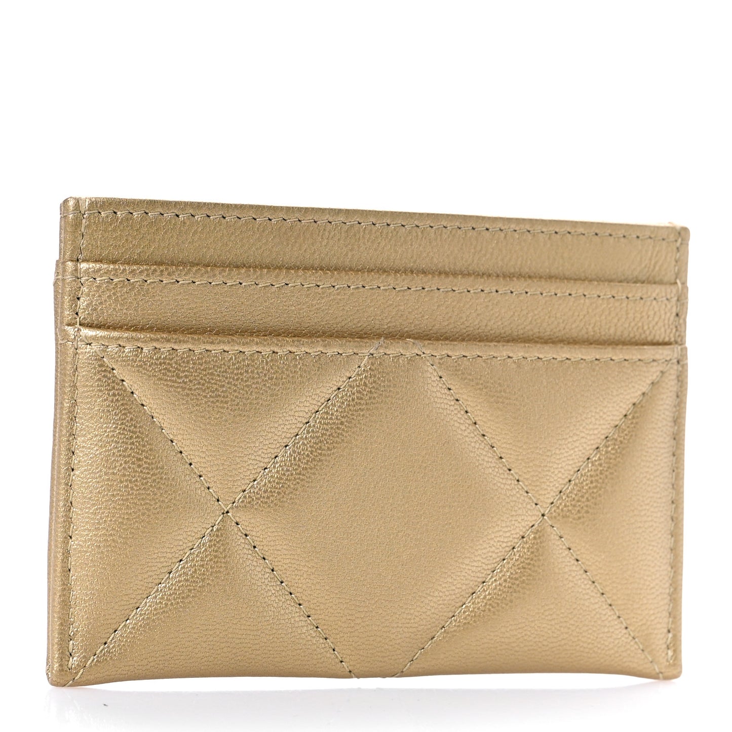Metallic Lambskin Quilted Chanel 19 Card Holder Gold