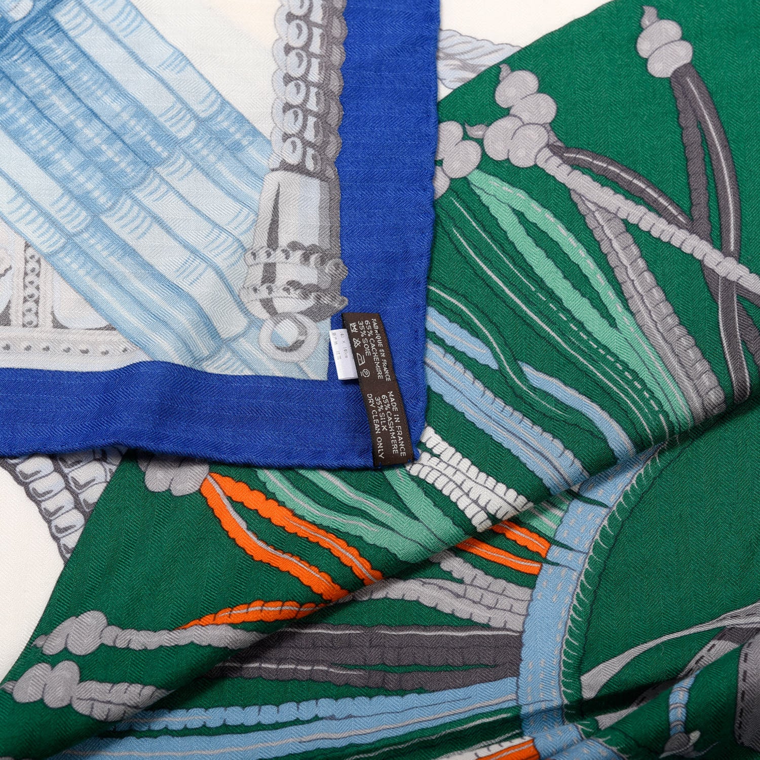 Hermes Cashmere Silk Ceintures et Liens Shawl 140 Bleu Klein Blanc Vert 2 of 7