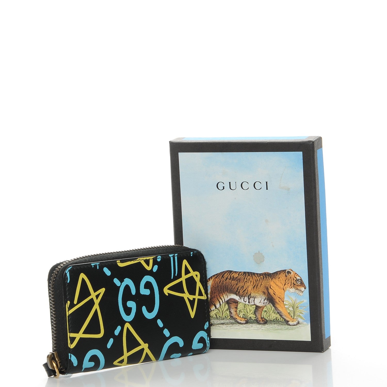 Gucci Calfskin GucciGhost Zip Around Card Case Black New Acquamarine 8 of 8