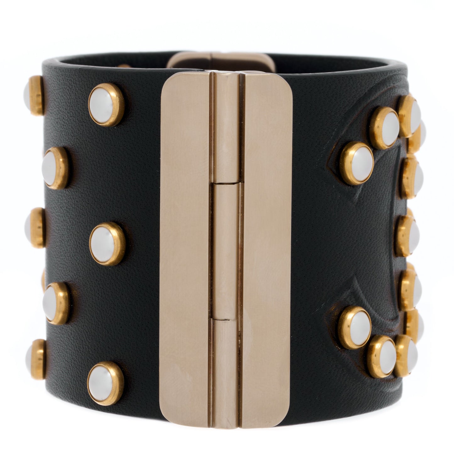 Lambskin Calfskin Pearl CC Cuff Bracelet Black Gold