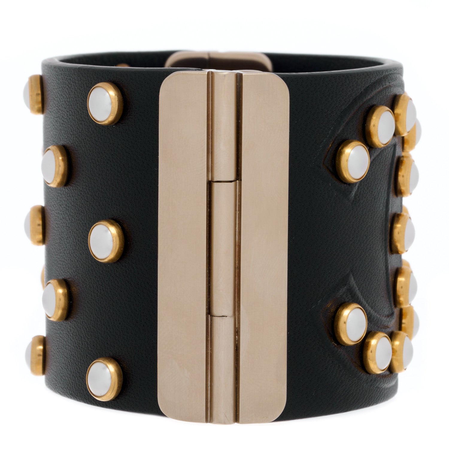 Chanel Lambskin Calfskin Pearl CC Cuff Bracelet Black Gold 3 of 4