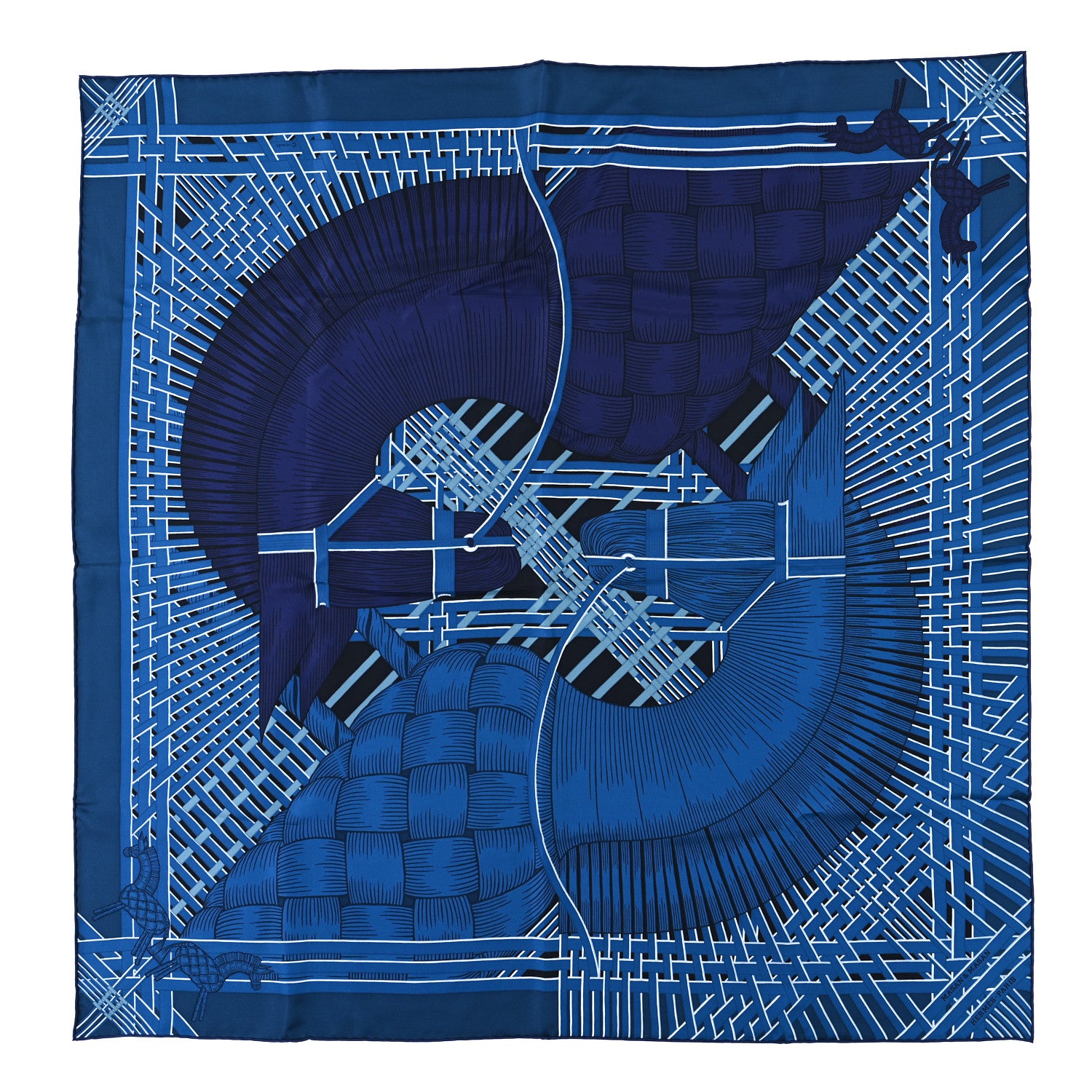 Hermes Silk Masan & Masan Scarf 90 Bleu Petrole Marine 1 of 3