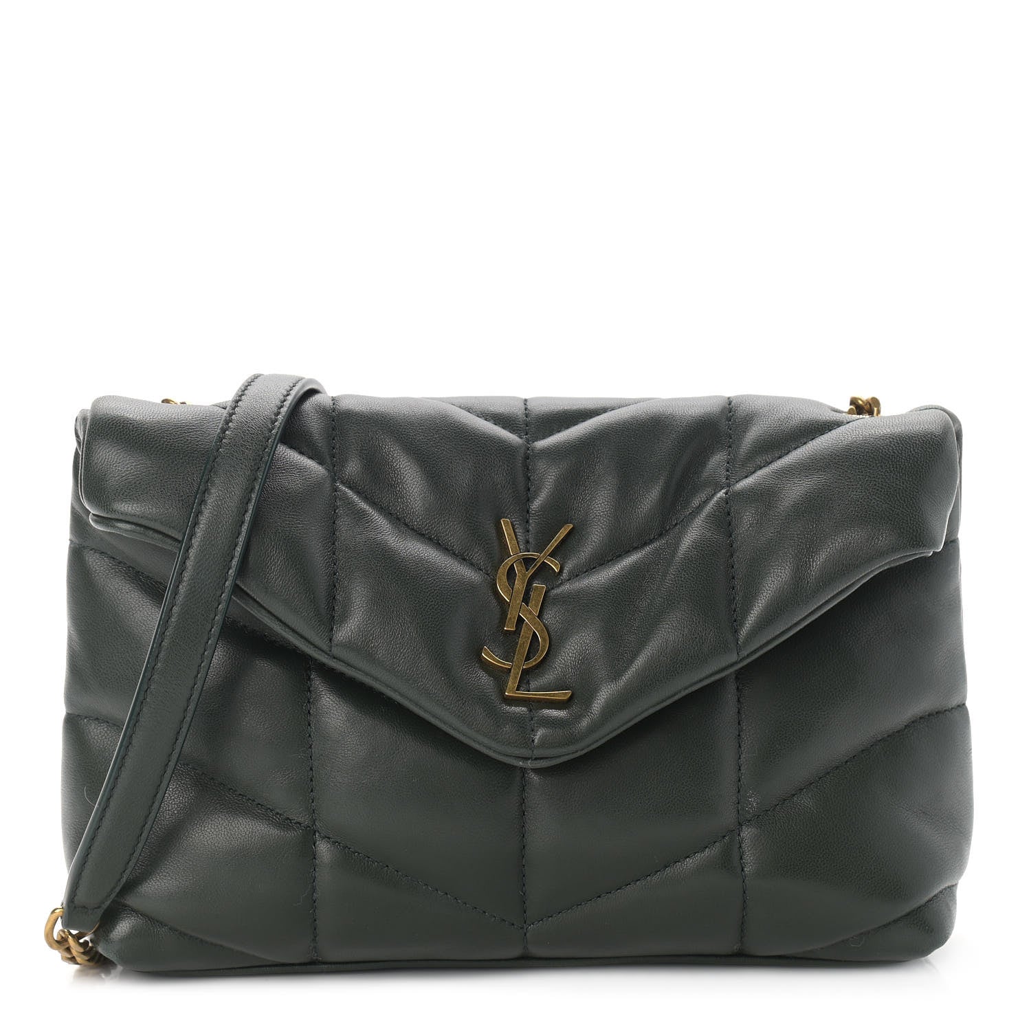 Saint Laurent Lambskin Quilted Toy Loulou Puffer Monogram Chain Satchel Deep Green 1 of 8