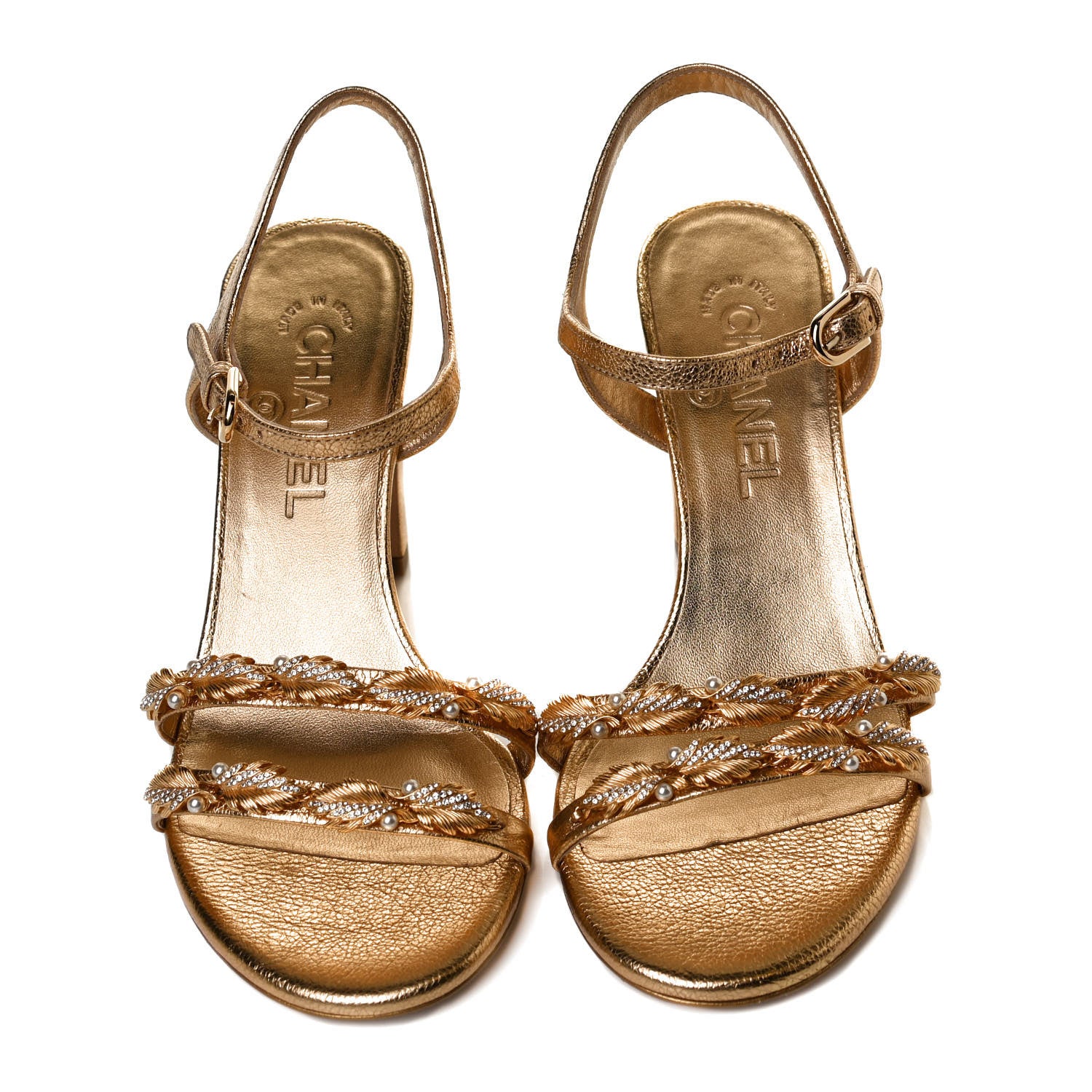 Chanel Aged Metallic Calfskin Pearl Crystal Sandals 37.5 Gold 5 of 11