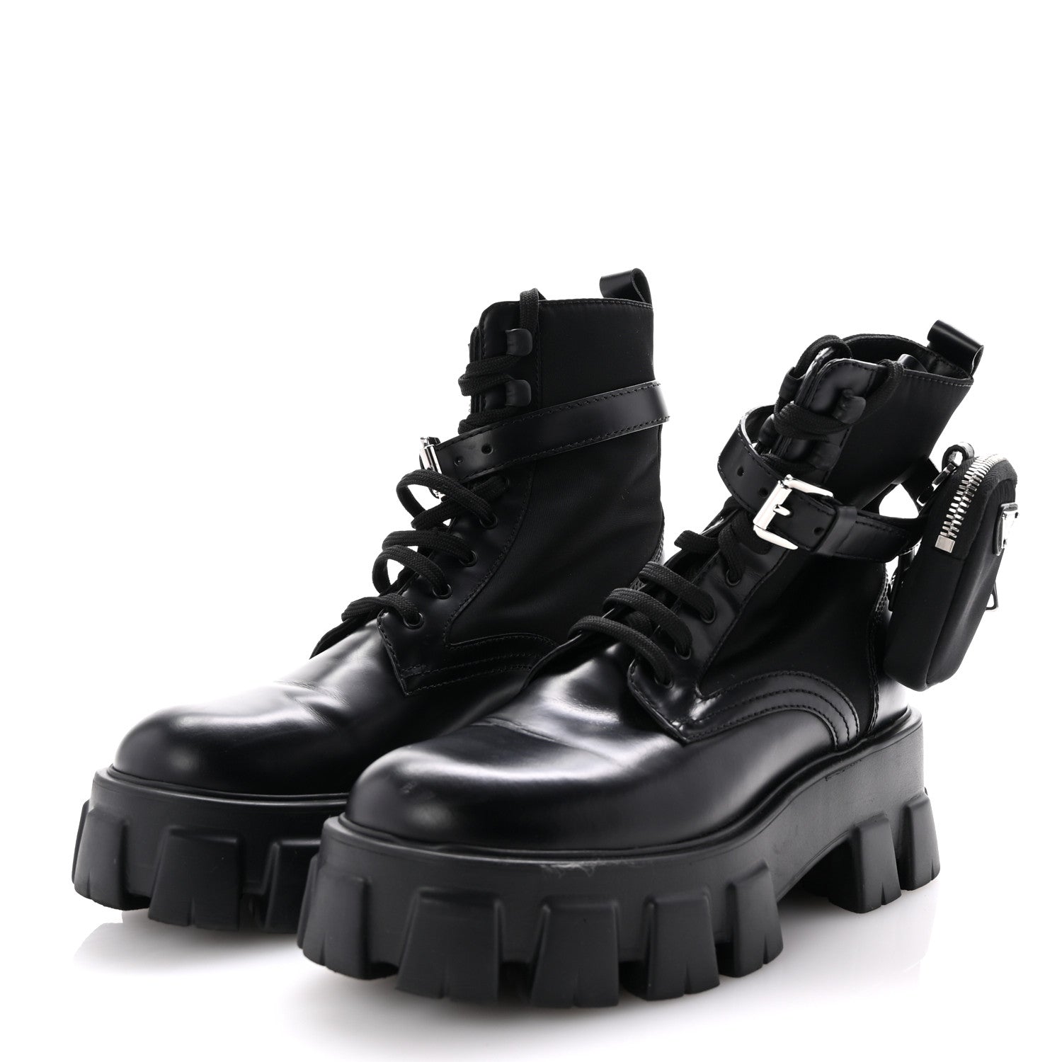 Prada Spazzolato Rois Nylon Metal Triangle Logo Monolith Pouch Pocket 55mm Boots 38 Black 5 of 10
