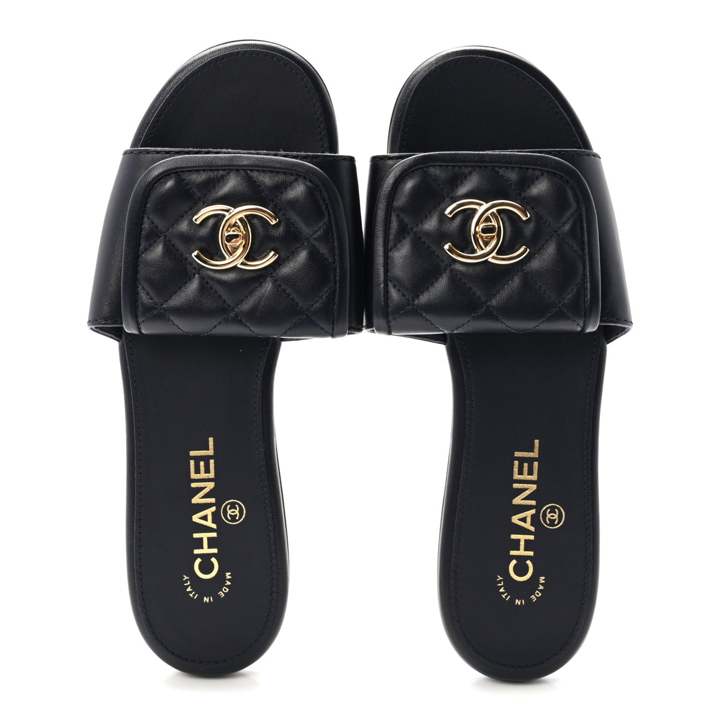 Lambskin Quilted Turnlock Flat Mules 38.5 Navy