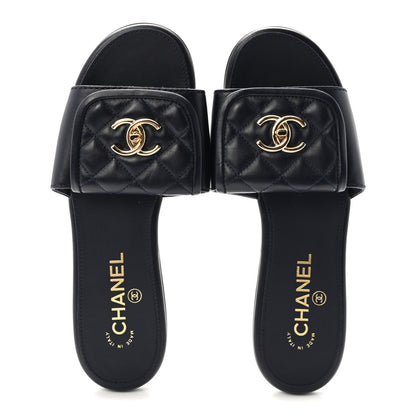 Chanel Lambskin Quilted Turnlock Flat Mules 38.5 Navy 2 of 9
