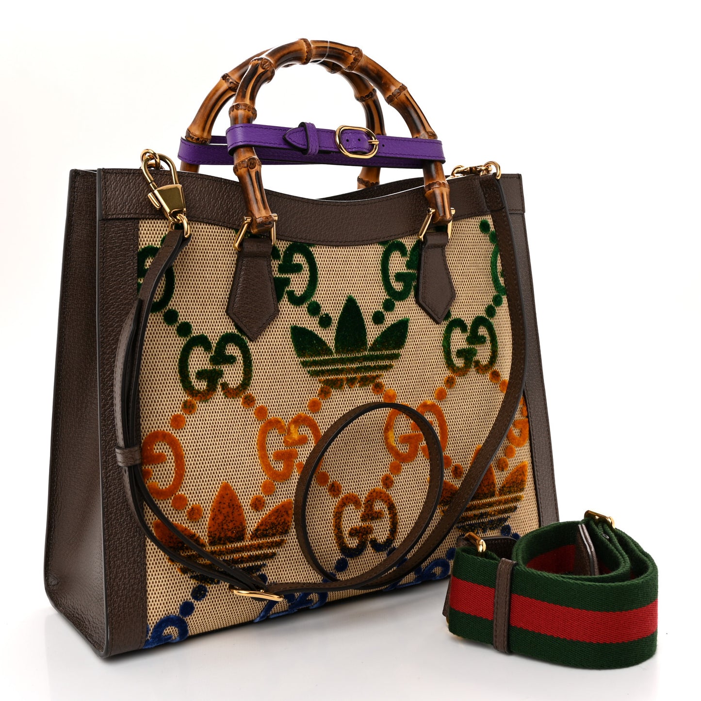 X ADIDAS Textured Dollar Calfskin Jumbo GG Textured Web Trefoil Logo Medium Diana Tote Bag Beige Brown Multicolor