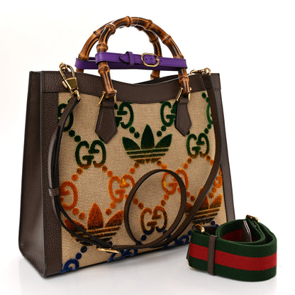 Gucci X ADIDAS Textured Dollar Calfskin Jumbo GG Textured Web Trefoil Logo Medium Diana Tote Bag Beige Brown Multicolor 3 of 10