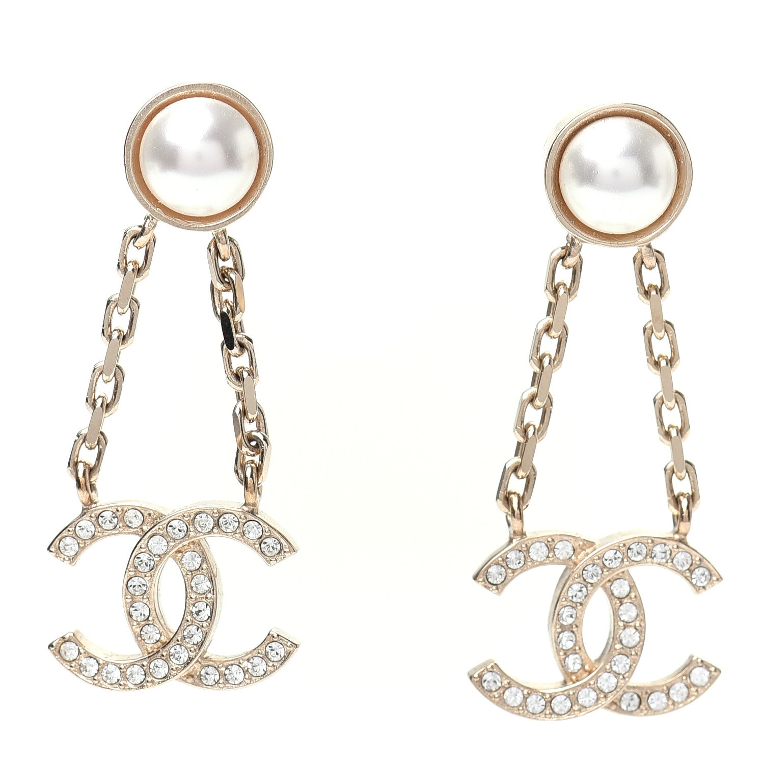 Chanel Crystal Pearl CC Drop Earrings Gold 1 of 5