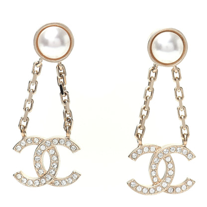 Chanel Crystal Pearl CC Drop Earrings Gold 1 of 5