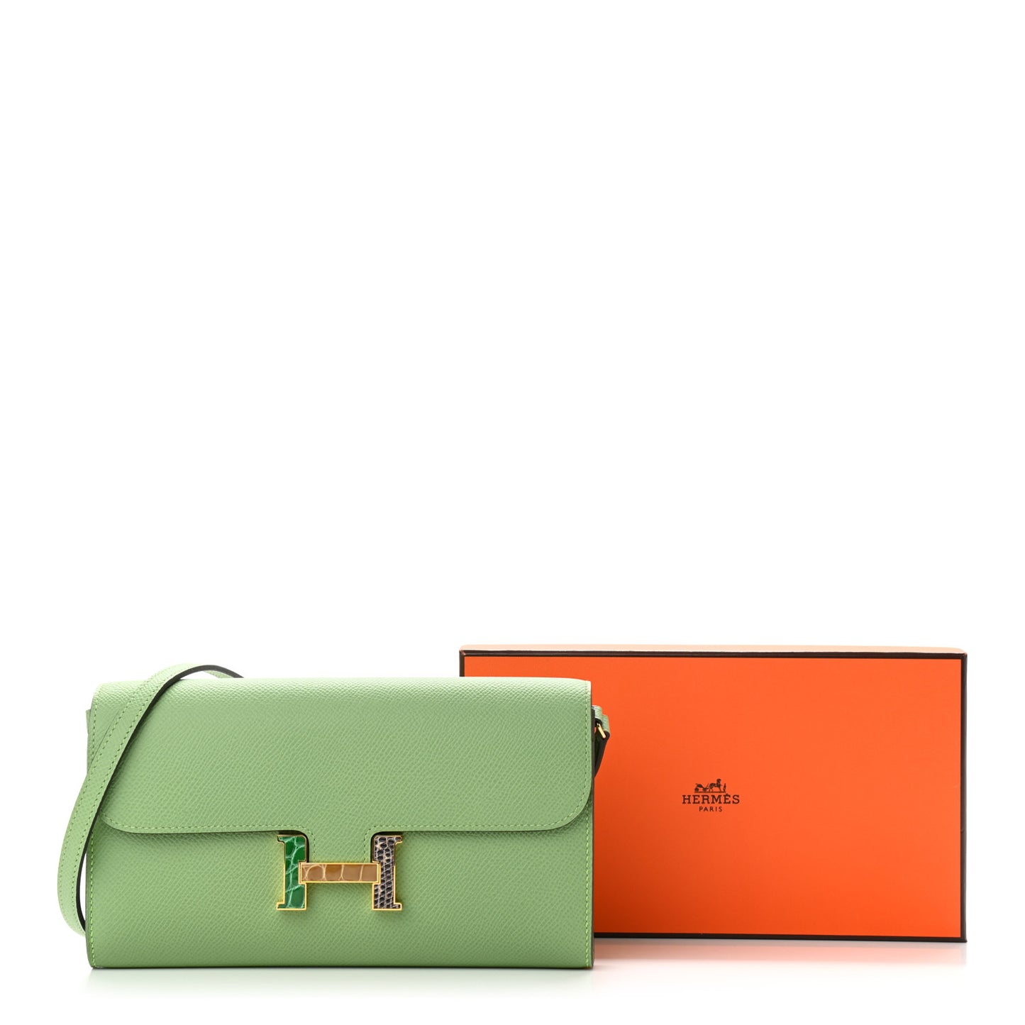 Epsom Alligator Lizard Constance Wallet To Go Vert Criquet Cactus Beige Sable Ombre