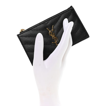 Saint Laurent Grain De Poudre Matelasse Chevron Monogram Fragments Zippered Card Case Black 2 of 8