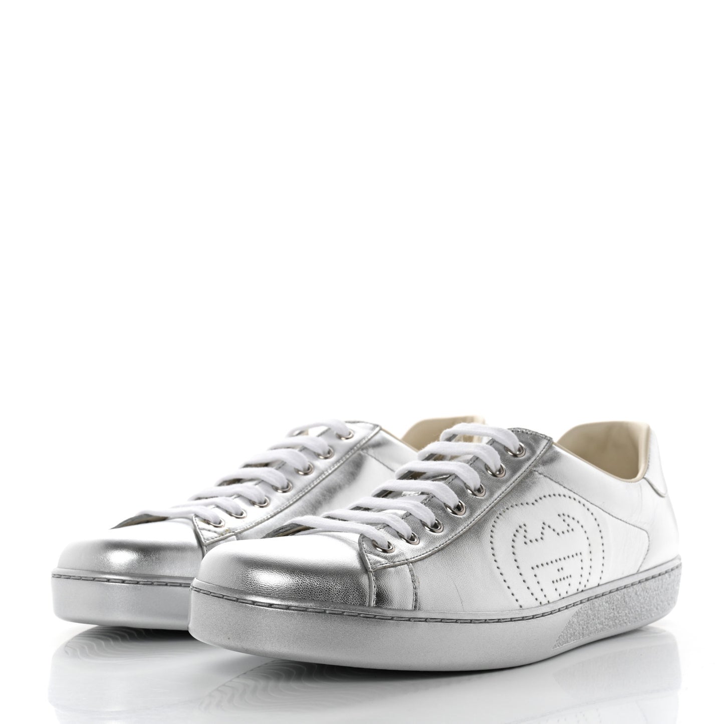 Metallic Nappa Interlocking G Perforated Mens Ace Sneakers 9 Silver