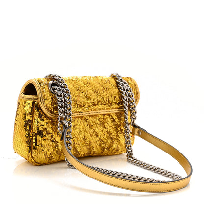 Gucci Sequin Matelasse Diagonal Mini GG Marmont Shoulder Bag Gold 3 of 13