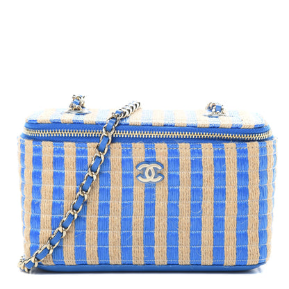 Chanel Raffia Jute Striped Small Vanity Case With Chain Blue Beige 1 of 11