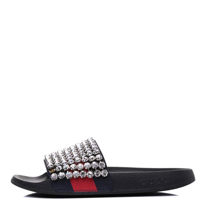 Gucci Calfskin Crystal Embellished Web Slide Sandals 37 Blue Red 1 of 12