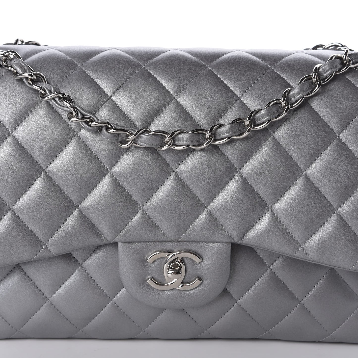 Metallic Lambskin Quilted Jumbo Double Flap Grey