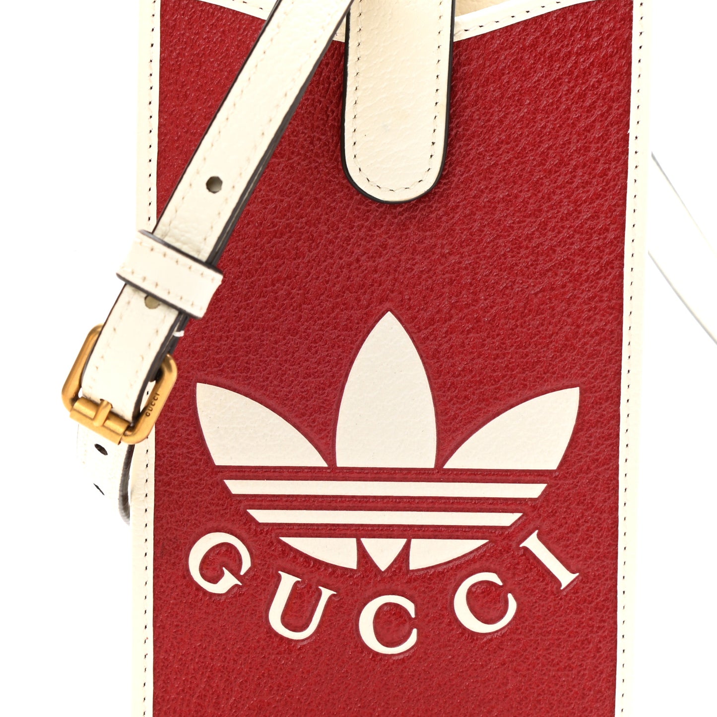 X ADIDAS Textured Dollar Calfskin Trefoil Embossed Phone Crossbody Bag Hibiscus Red Off White