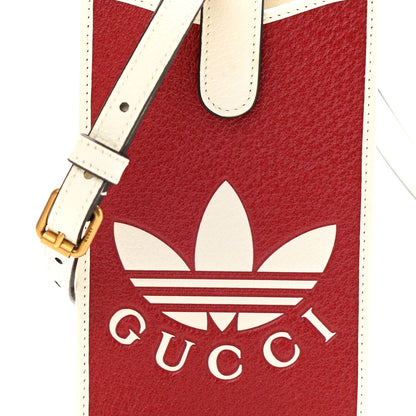 Gucci X ADIDAS Textured Dollar Calfskin Trefoil Embossed Phone Crossbody Bag Hibiscus Red Off White 8 of 12