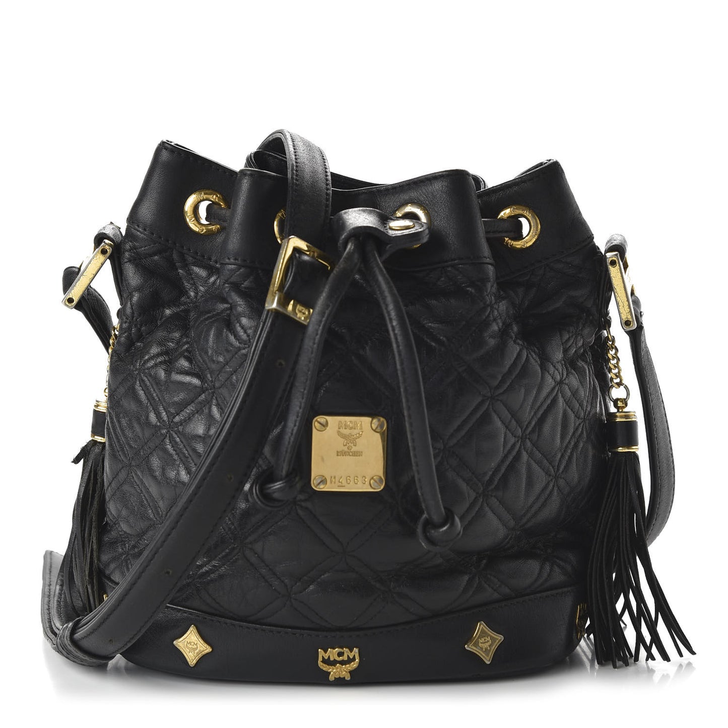 Calfskin Quilted Studded Bucket Bag Black