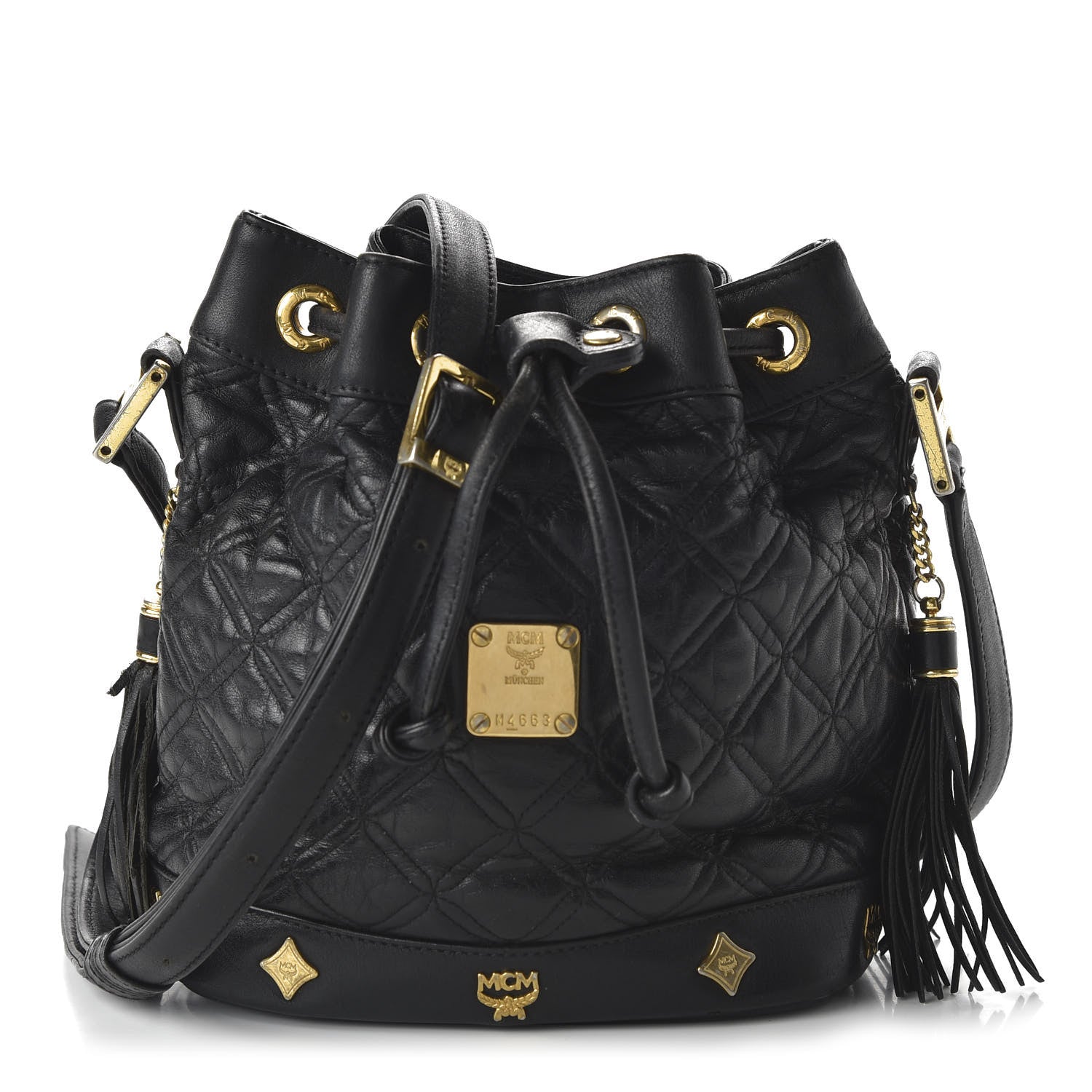 MCM Calfskin Quilted Studded Bucket Bag Black 1 of 10